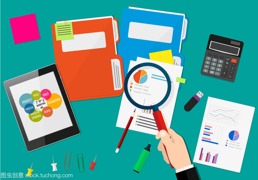 手拿放大鏡,財務報告的分析。金融審計的概念。審計稅務處理。市場營銷組合